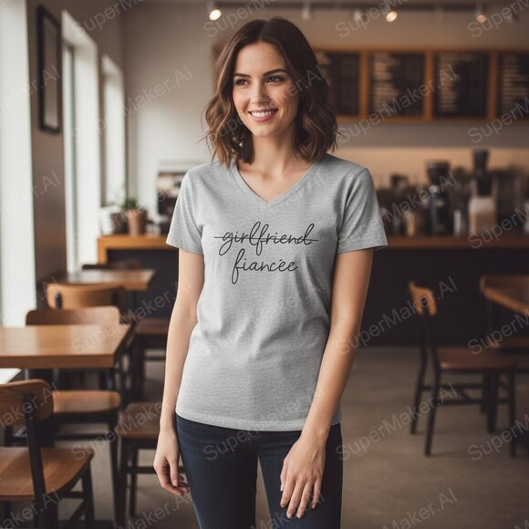 Gray V-Neck Women's graphic T-shirt girlfriend fiancé size medium - Picture 1 of 6